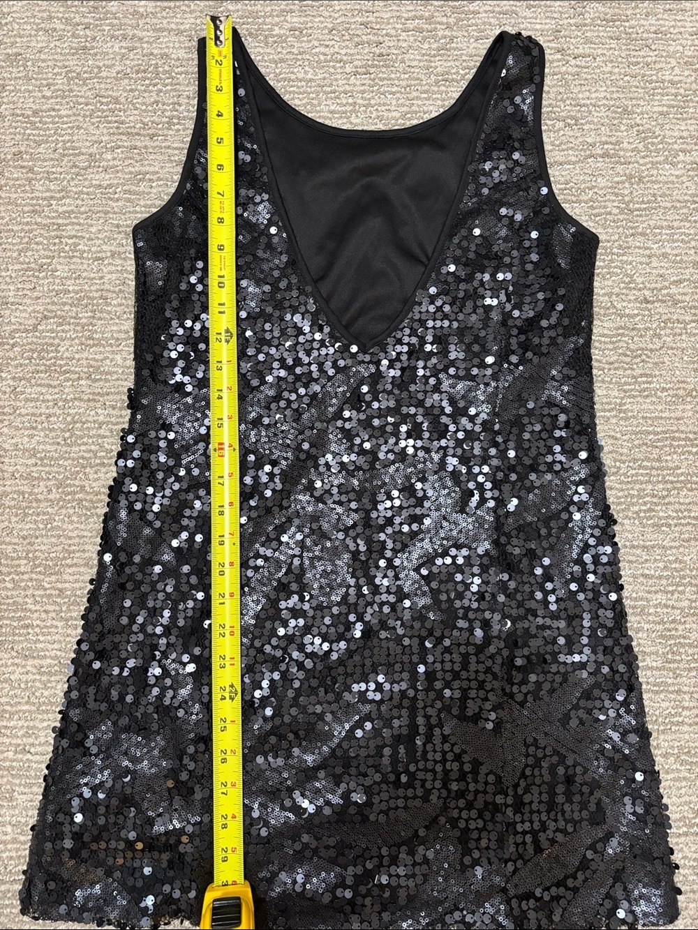 Black Sequin Sleeveless Shift Dress - low V back LBD - Picture 5 of 6
